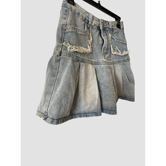 Women’s Denim Pleated Skirt Y2K Fringed Pockets Stretch Sz Medium Cotton Viscose - Picture 3 of 7